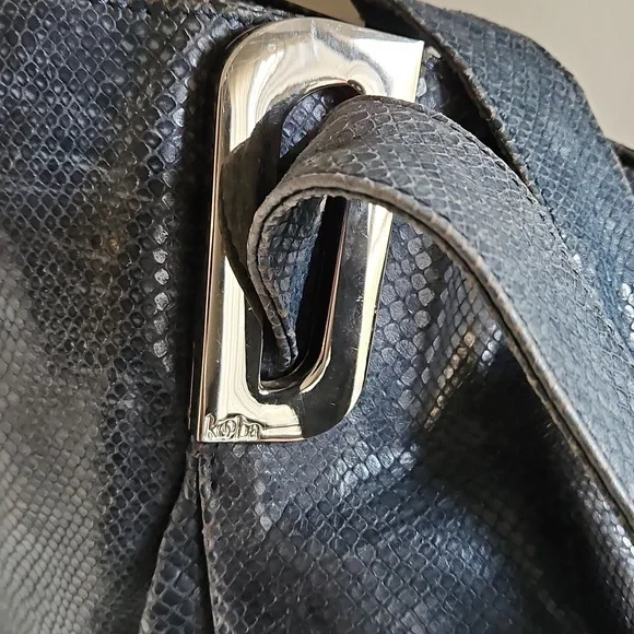 KOOBA Elegant Denim Blue Snake Embossed Glossed Tote Shoulder Bag - Picture 4 of 10